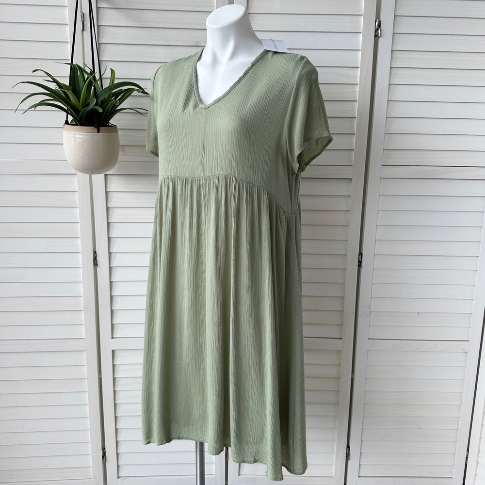 New Stevie Hender Green Crinkle V Neck Dress Short Sleeve‎ Cottagecore Size L